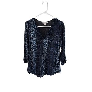 db Established 1962 Blue Black Snakeskin Burnout Velvet 3/4 Sleeve Blouse S